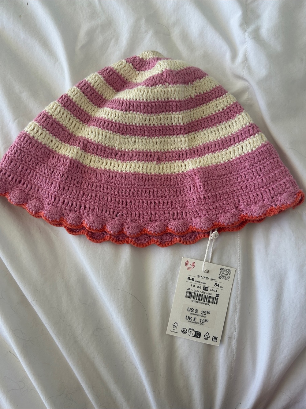 Zara Pink & Cream Striped Crochet Kids Sun Hat with Orange Trim